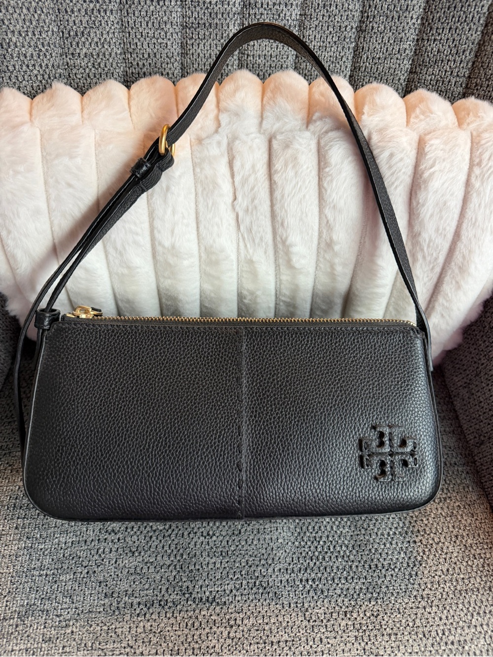 Tory Burch Black Pebbled Leather Shoulder Clutch with Gold Hardware